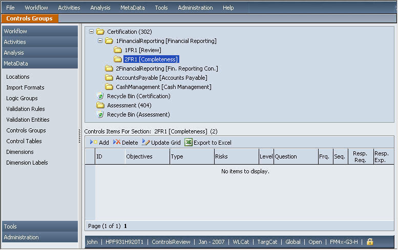 The image depicts the Controls Groups screen with an example of certification groups directory structure. It is the same as the previous image but with sections created in the directory.
